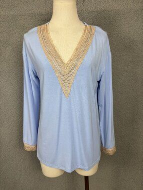 Women's Blue Long Sleeve Top With Crochet V-Neck & Cuffs Size Small NWOT's.